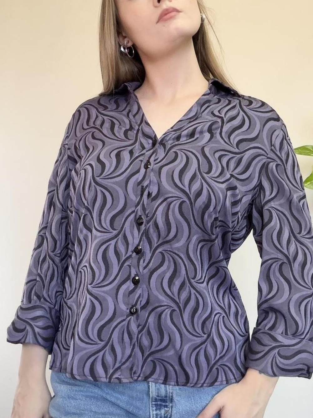 Vintage Y2k Purple Swirl Pattern Button-Up Blouse